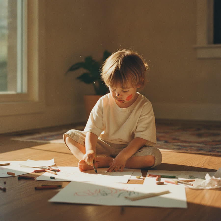 A toddler scribbling with crayons