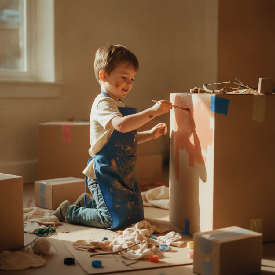 A child painting and building a cardboard fort
