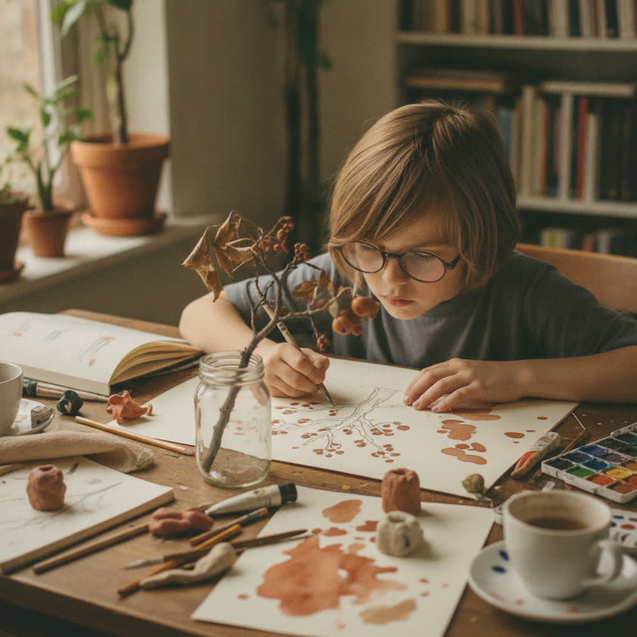 A nine-year-old making an elaborate observational drawing