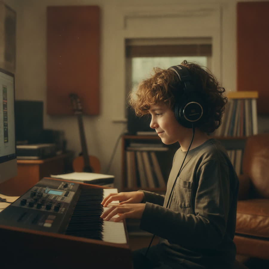 A pre-teen composing music at a keyboard