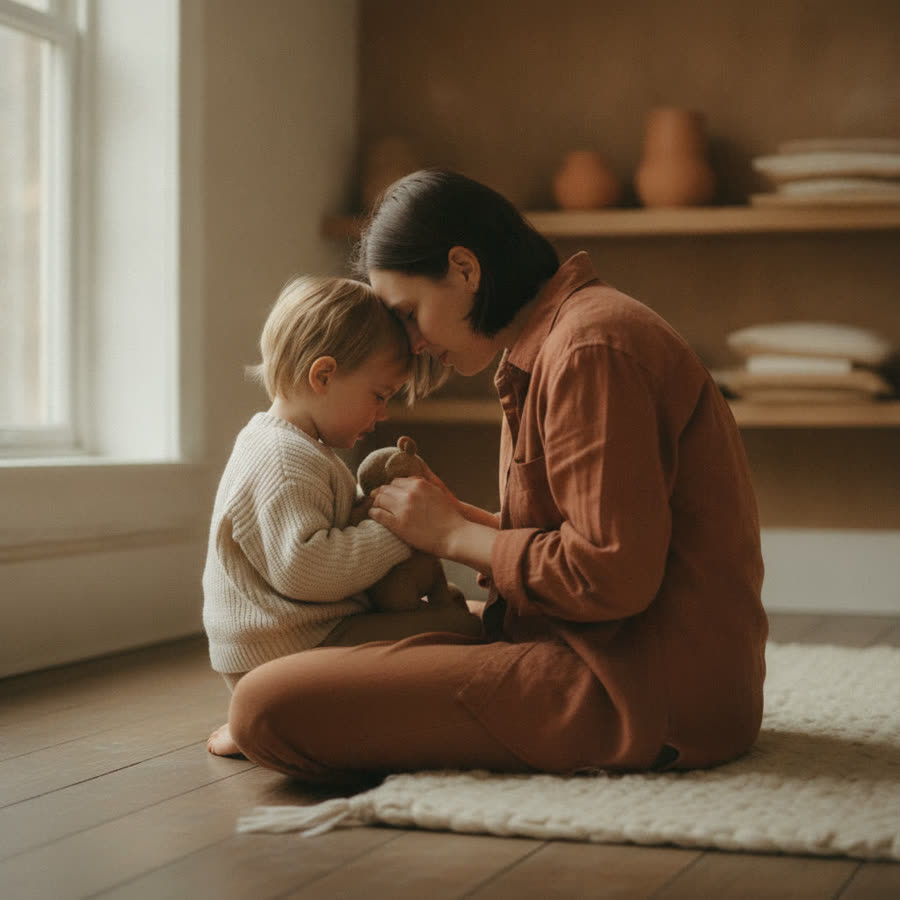 A parent co-regulating an upset toddler