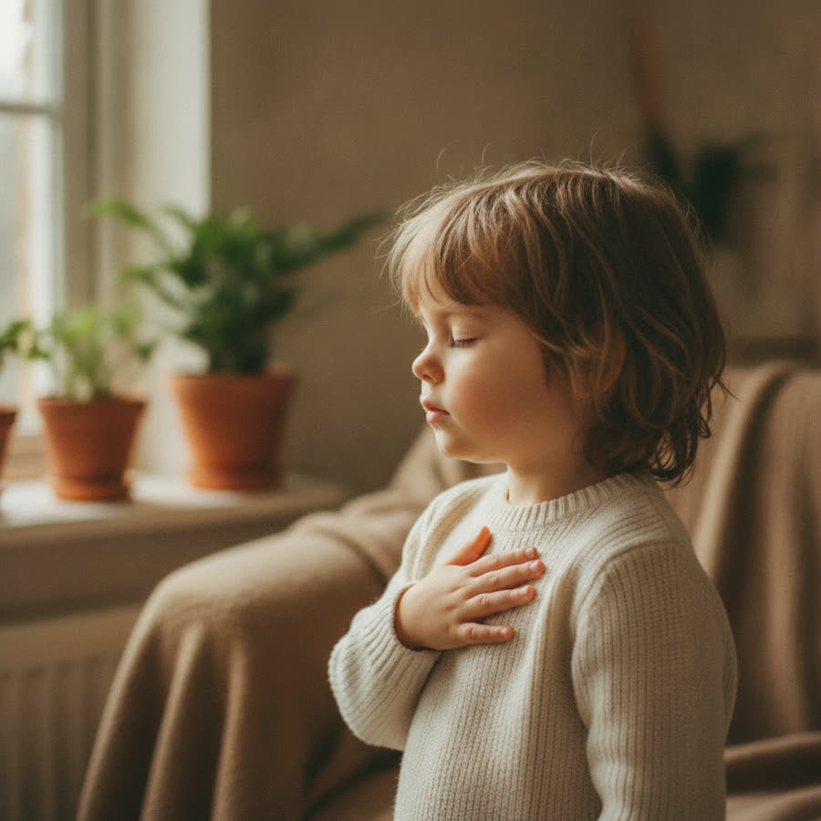 A child taking a calming breath, hand on chest