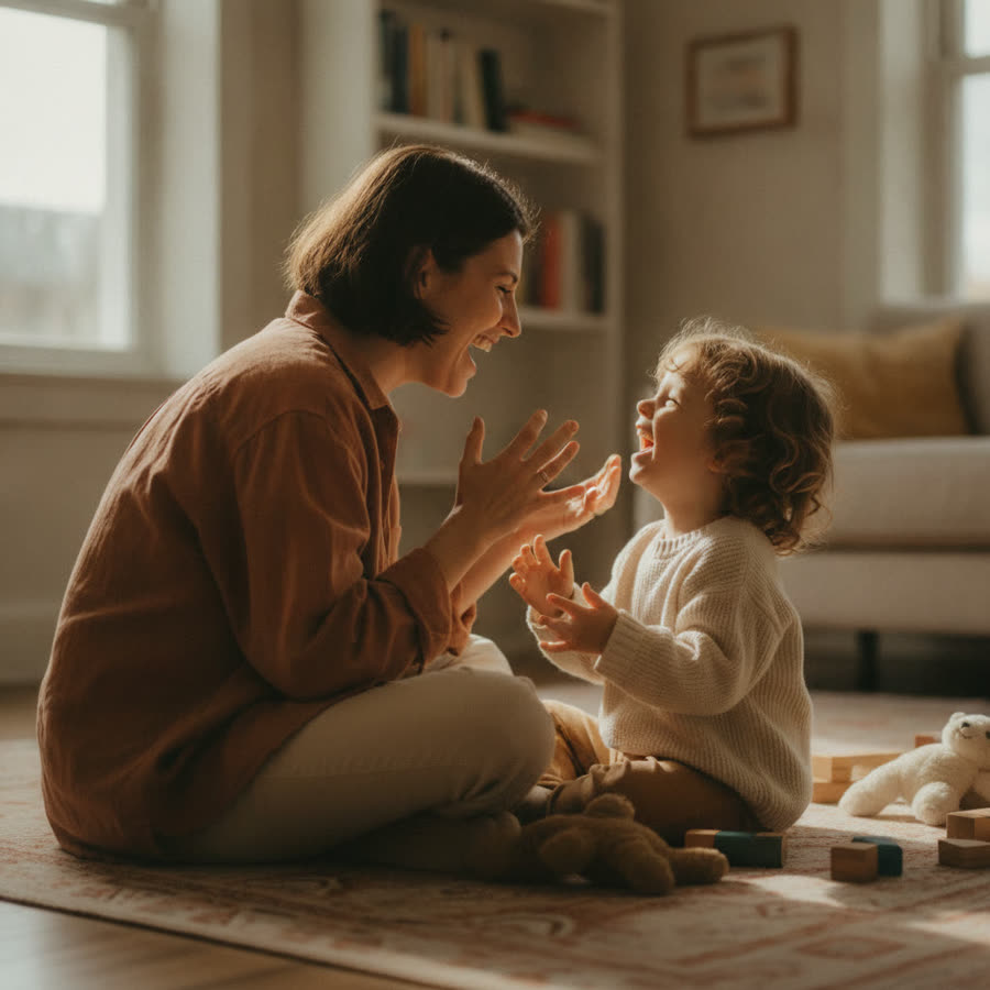 A toddler and parent in a rhyming word game