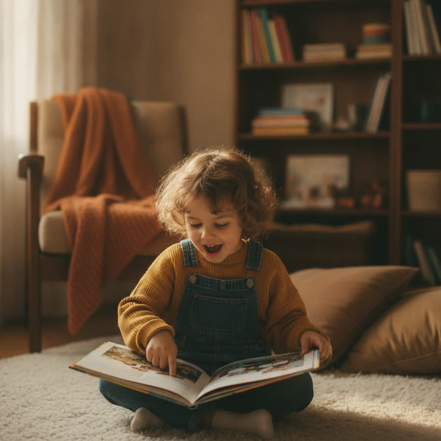 A child reading a picture book aloud
