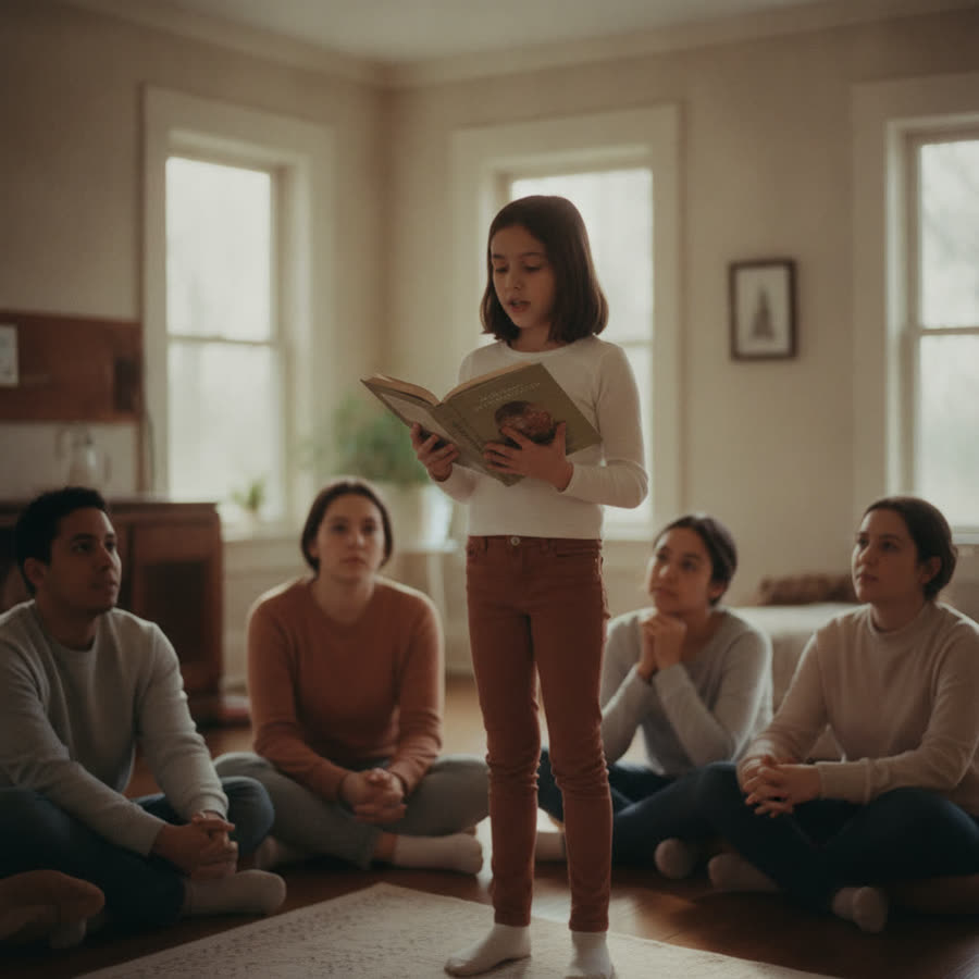 A poised pre-teen presenting to a small group