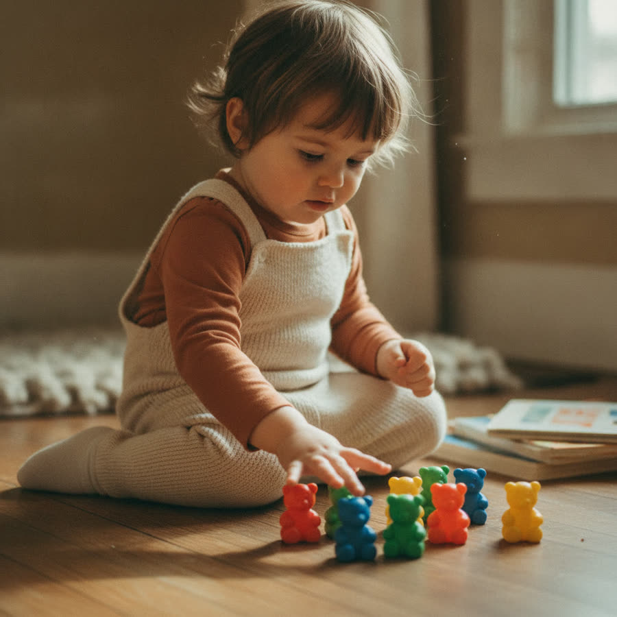 A toddler subitizing with counting bears