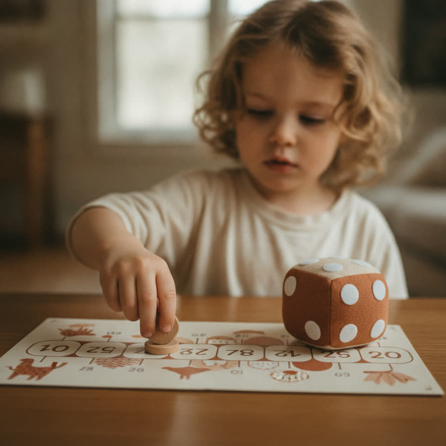 A child on a number-line board with a dot die