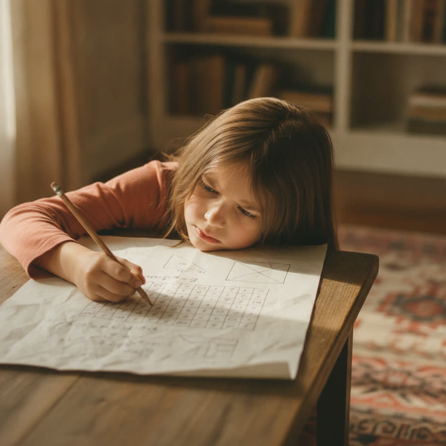 A nine-year-old solving a logic puzzle on paper