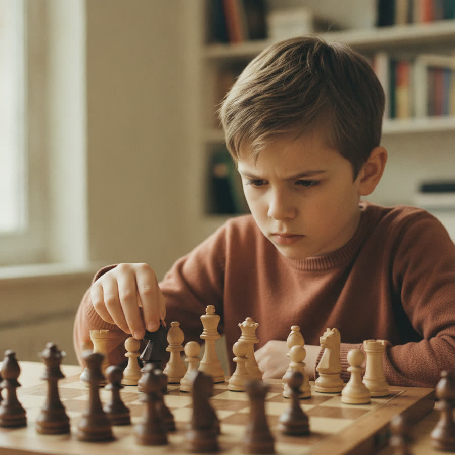 A focused pre-teen deep in a chess game