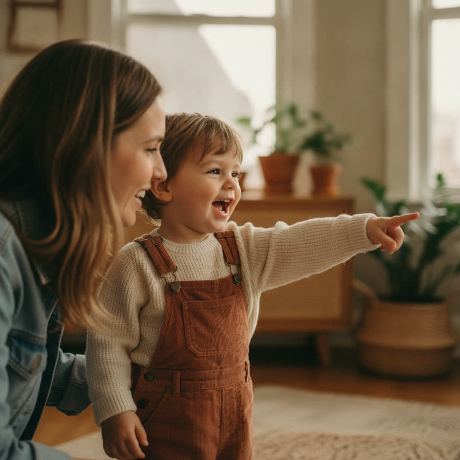 A toddler pointing to share with a parent