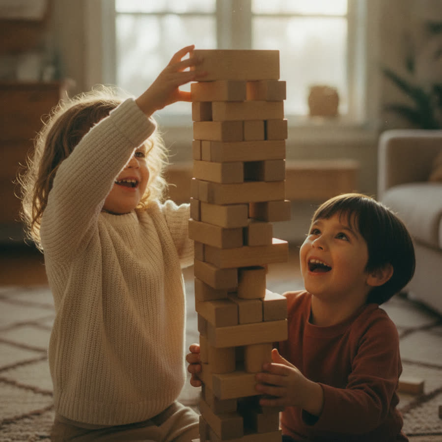 Two children cooperating on a block tower