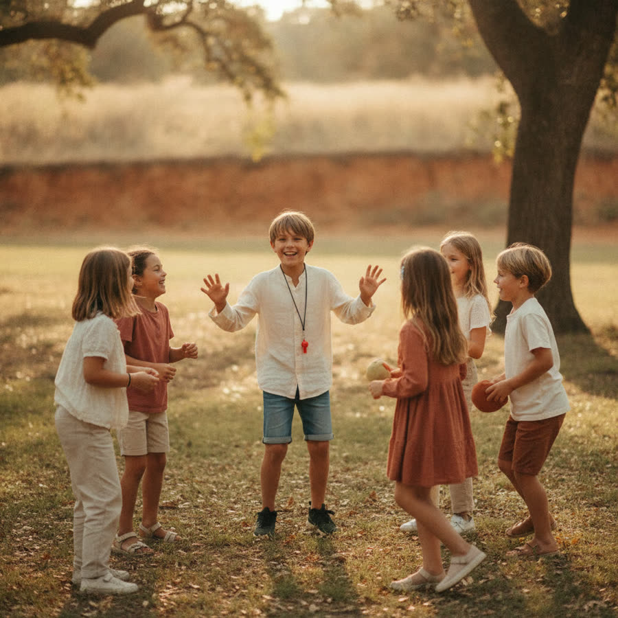 A child leading a group game outdoors