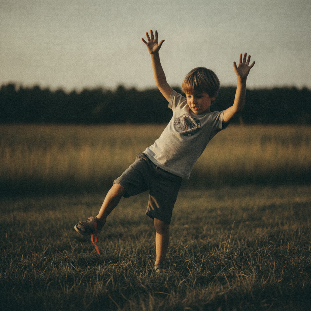 Child losing balance, arms windmilling, foot tapping down