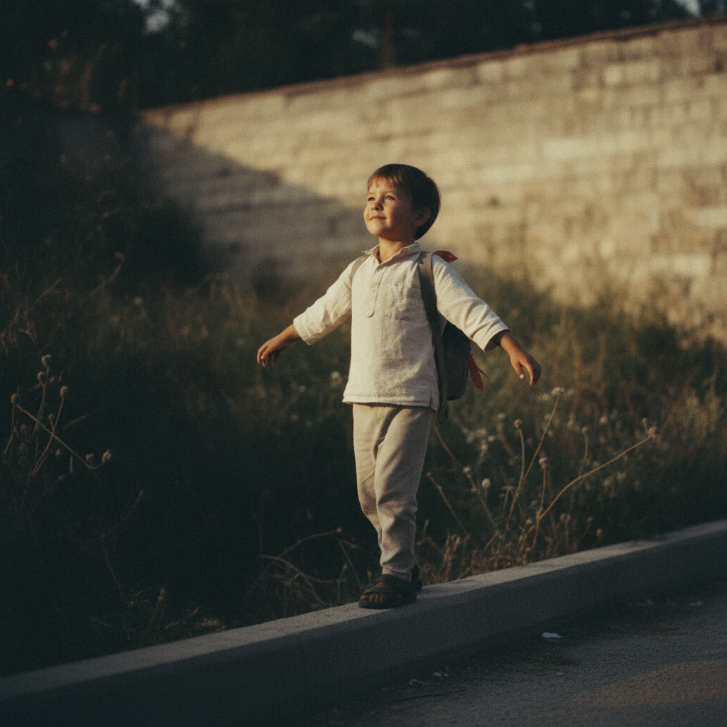 Child walking a curb with eyes up, floating