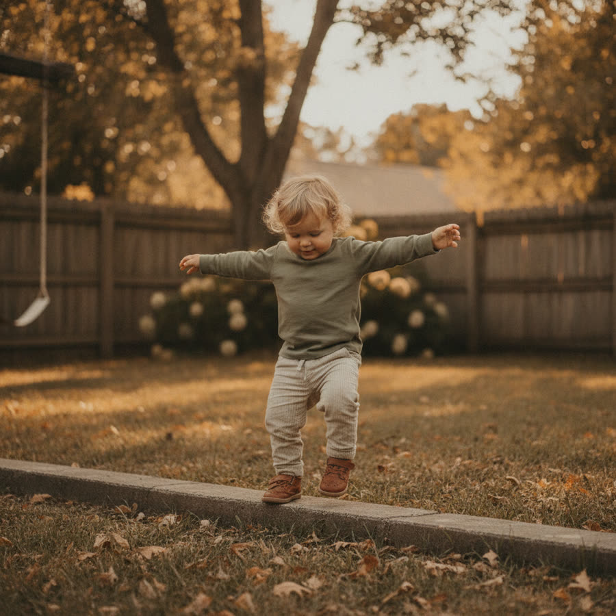 A toddler balancing on one foot on a low curb