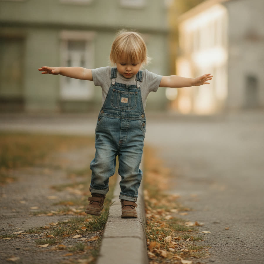 A child walking along a curb with arms out