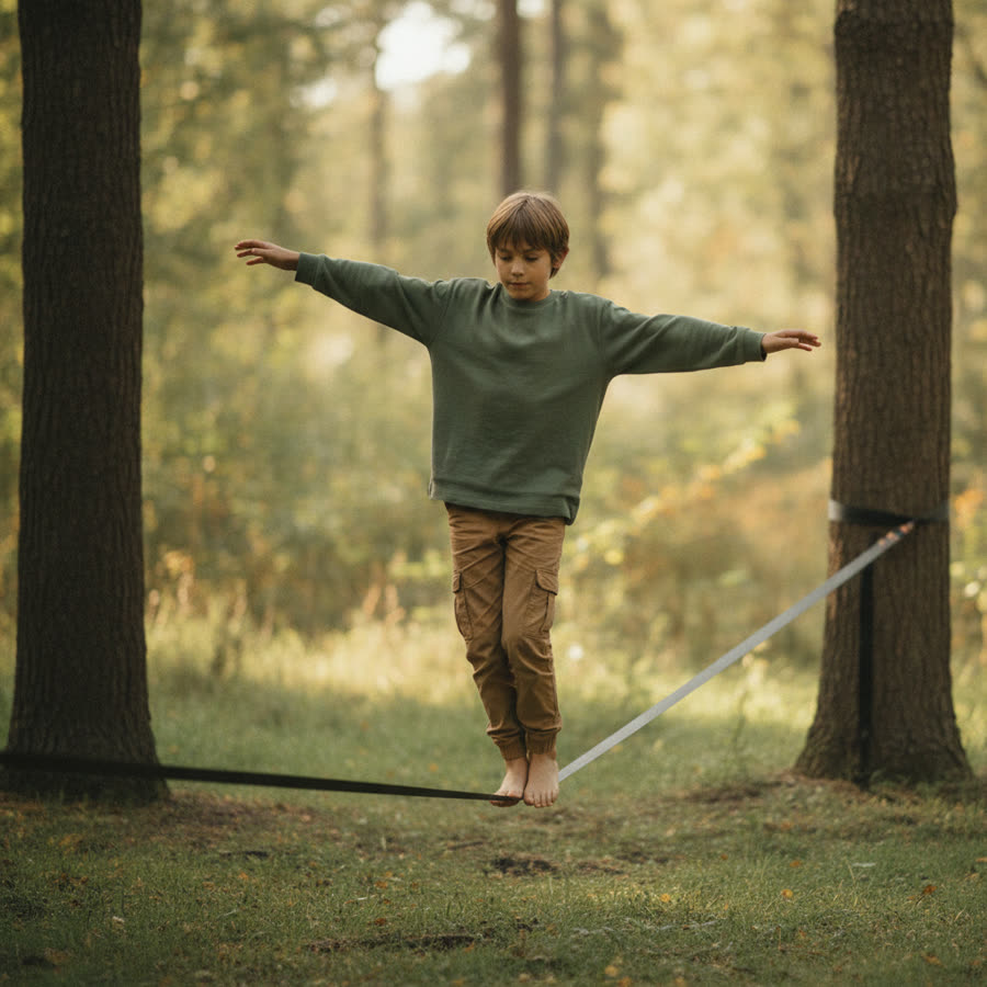 A pre-teen balancing on a slackline