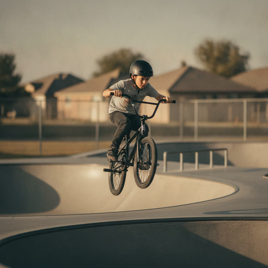 A 9-year-old airborne off a skatepark ramp