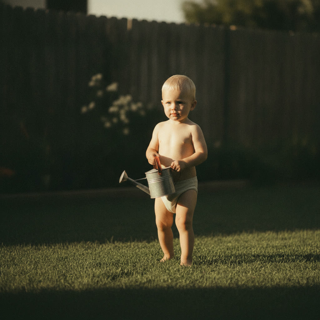 A child carrying an object tall and level