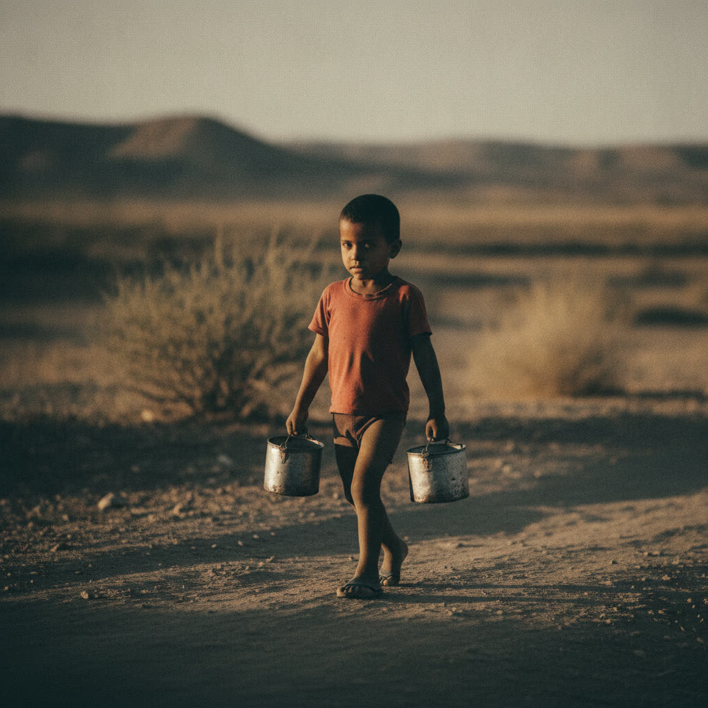 A child doing a two-hand farmer carry, standing tall