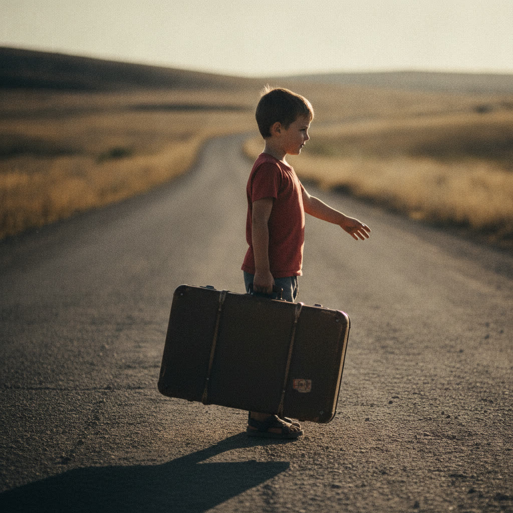 A child doing a one-side suitcase carry, resisting the lean