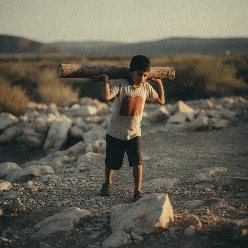 A child carrying an object over rough terrain
