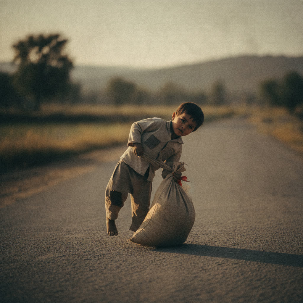 Child leaning into a load, one hip jutting out