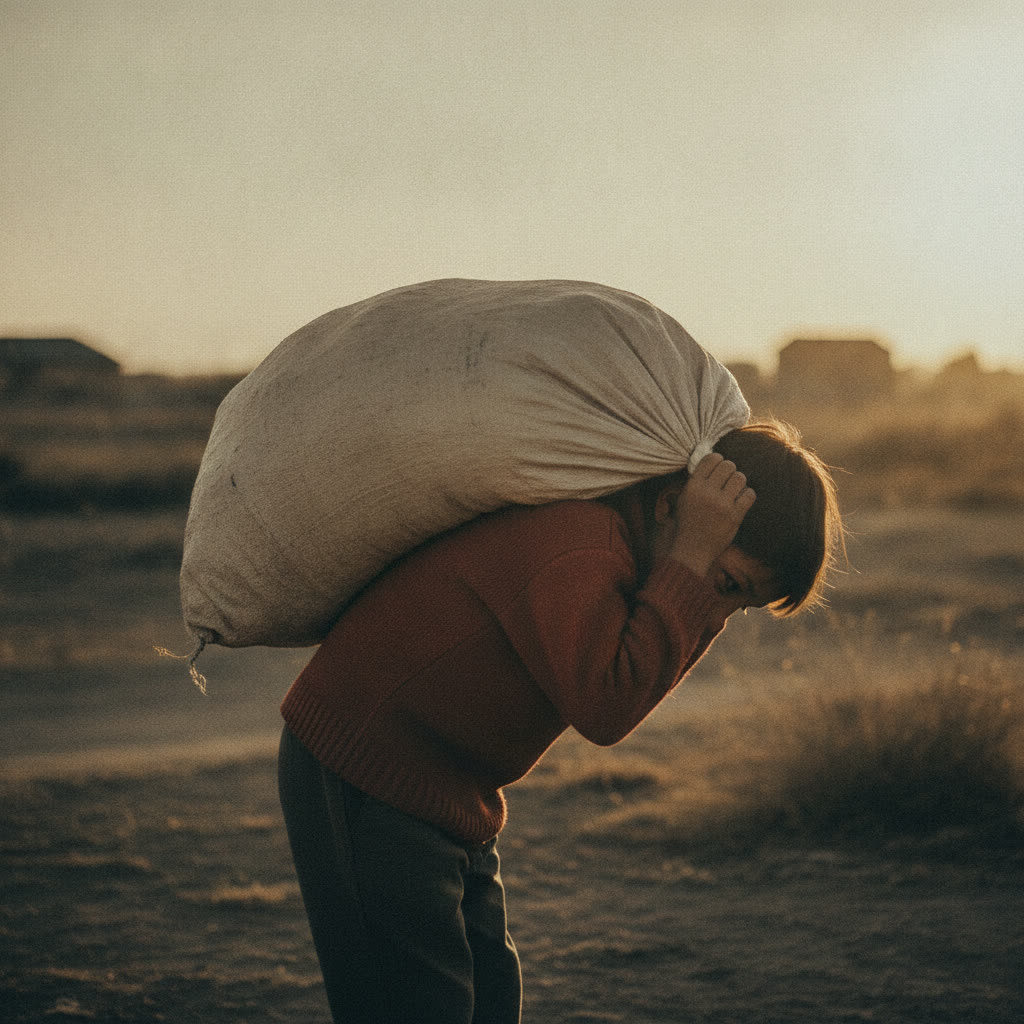Child hunched under a load, back rounding