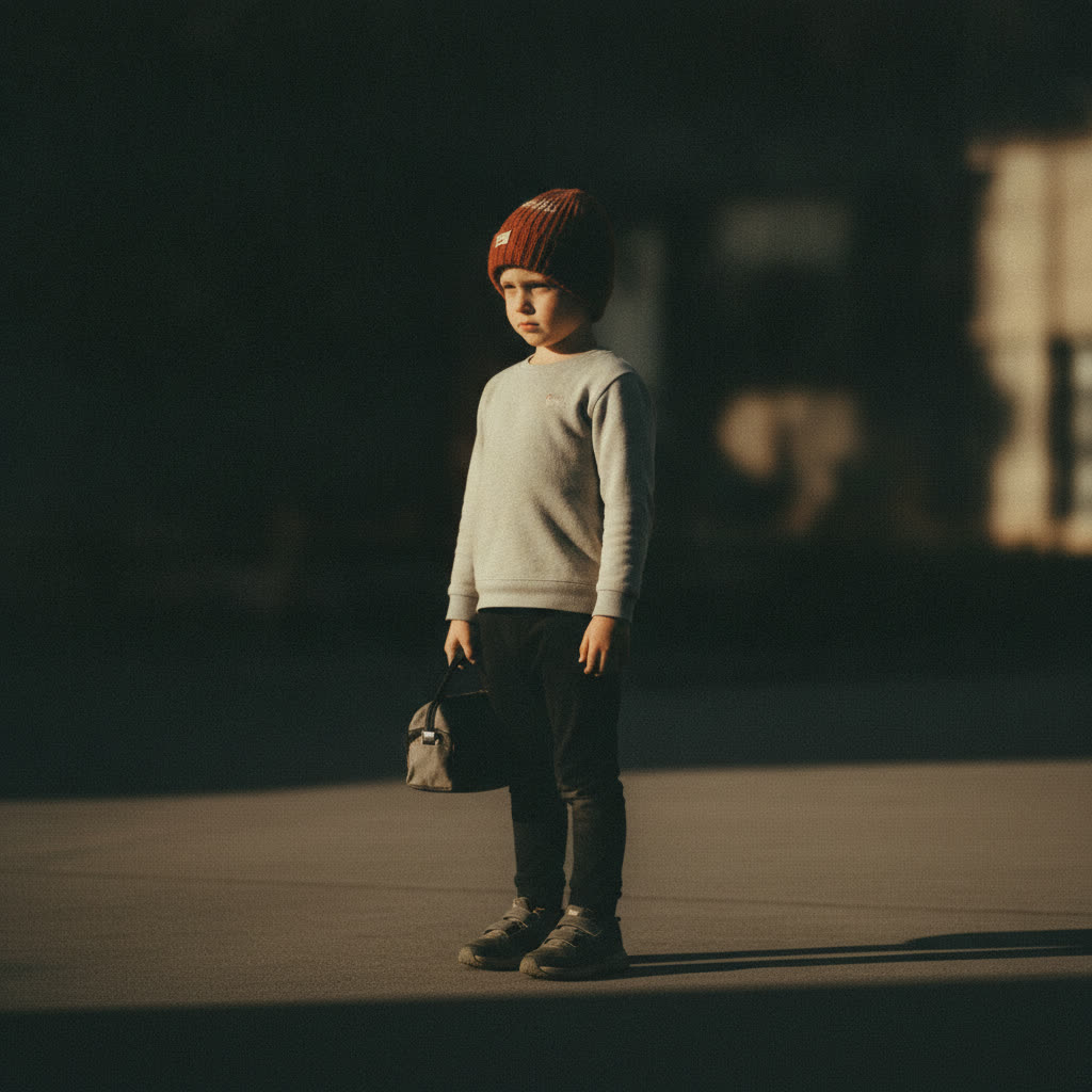 Child carrying a load tall and level, shoulders even
