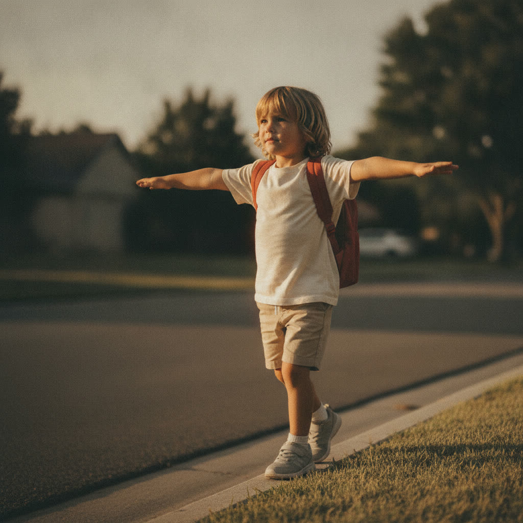 A child walking heel-to-toe along a curb, eyes up