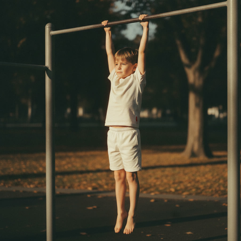 A child in a clean active hang, shoulders engaged