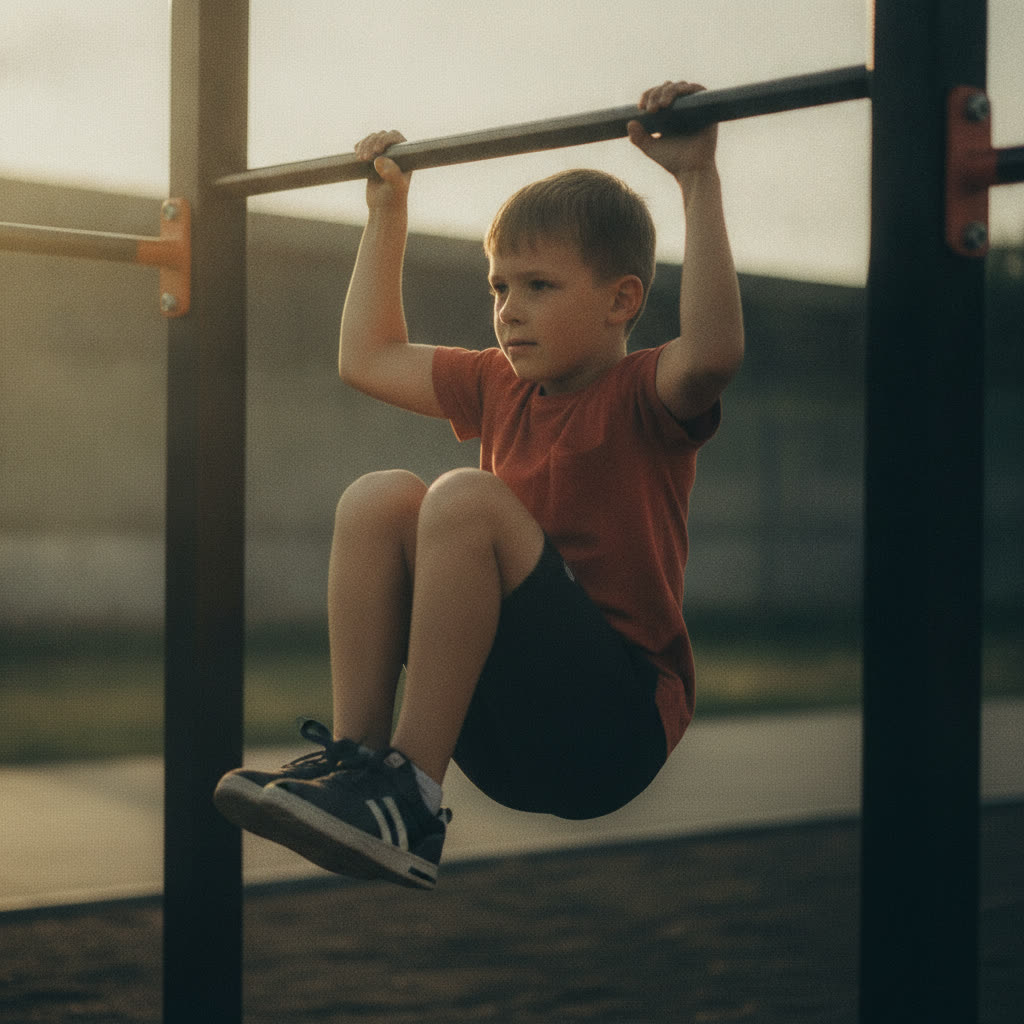 A child doing a hanging knee-raise