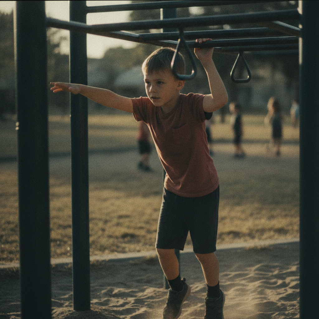 A child traversing monkey bars