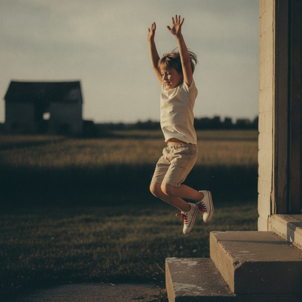 A child jumping off a low step and landing
