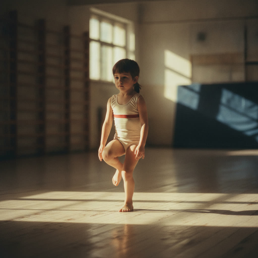 A child sticking a single-leg landing