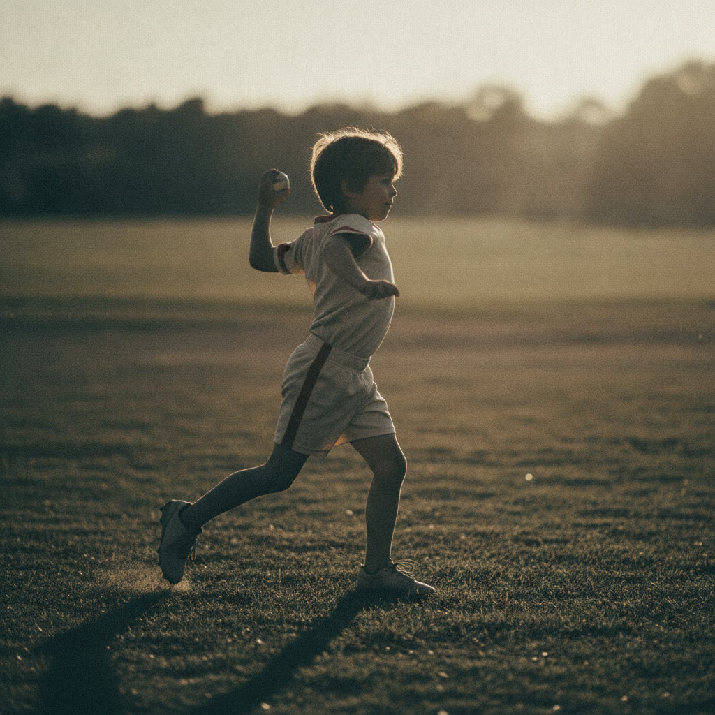 A child stepping and winding up to throw far