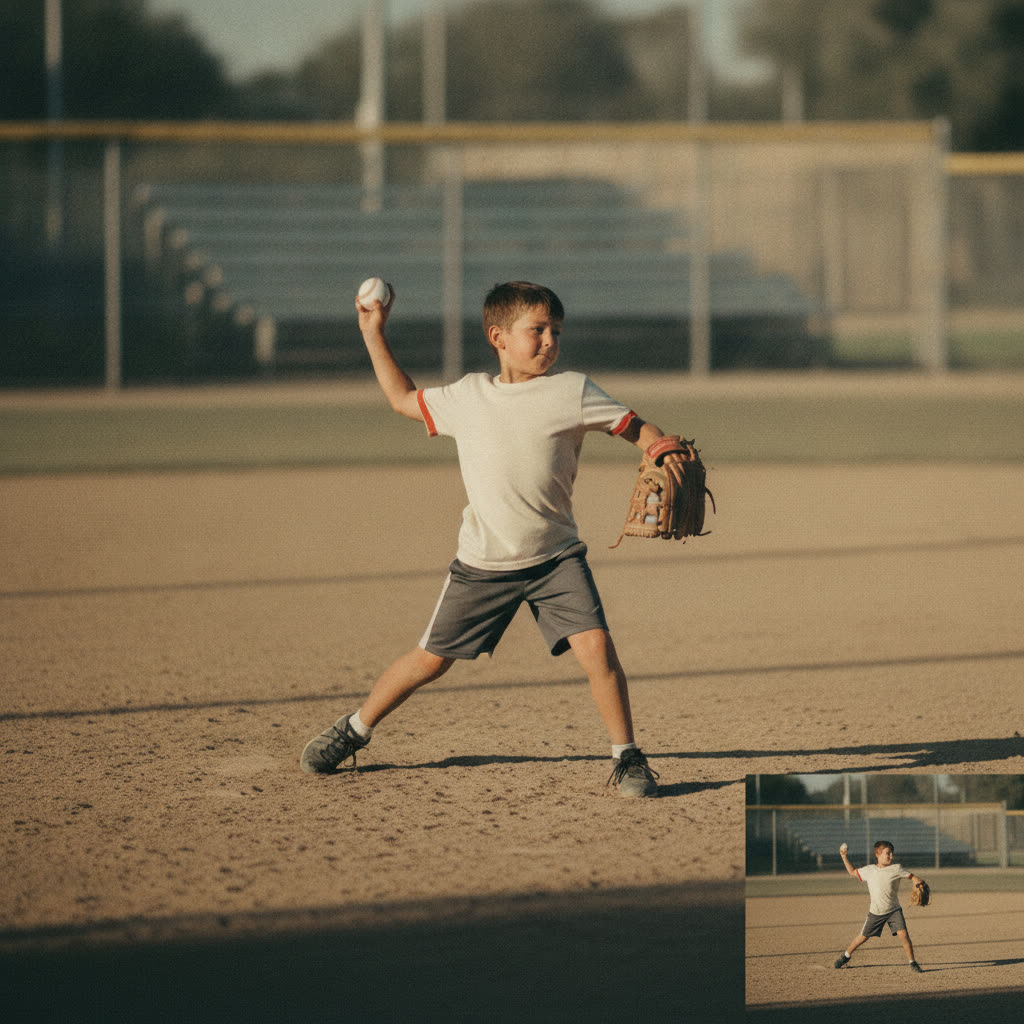 A child mid-throw, hips leading the shoulder in a whip