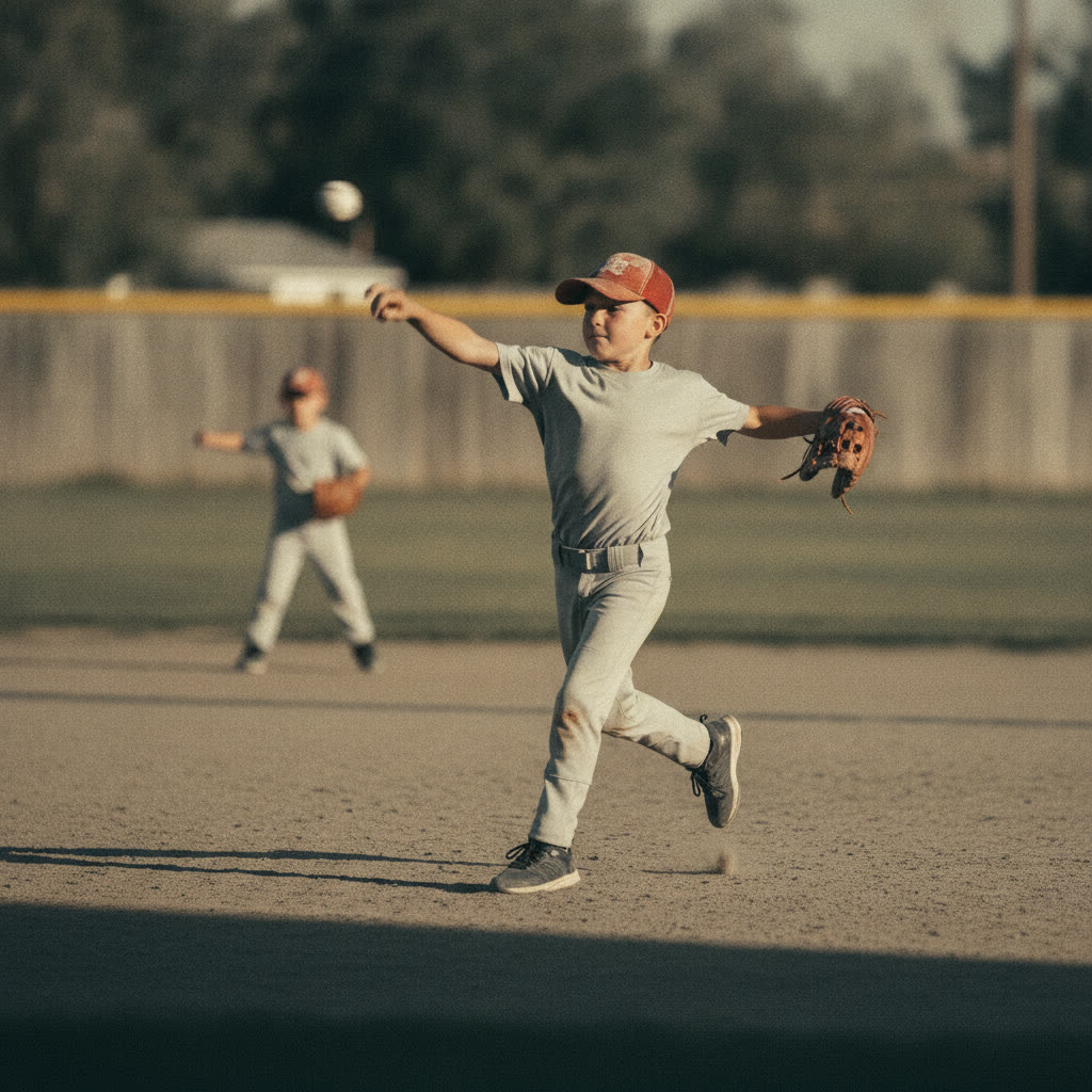 A child in a full follow-through after a throw