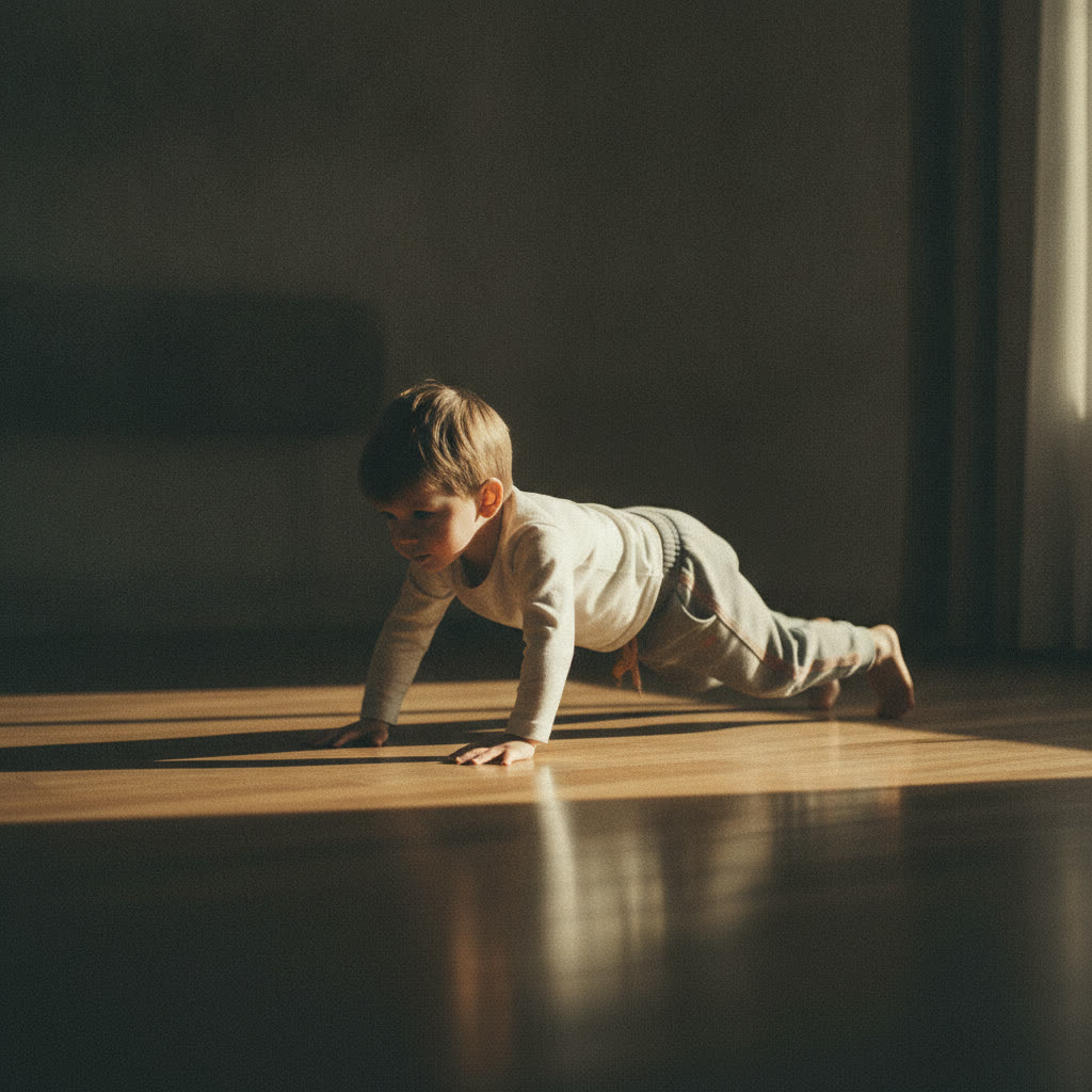 A child in a clean bear crawl, flat quiet back