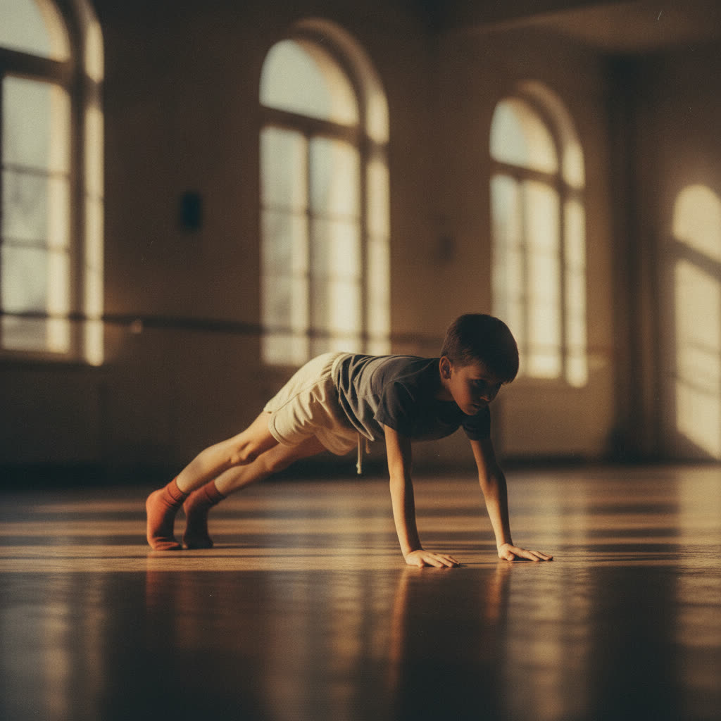 A child in a crab walk, belly to the sky