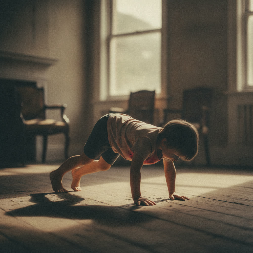 Child bear crawling with the bum piked high