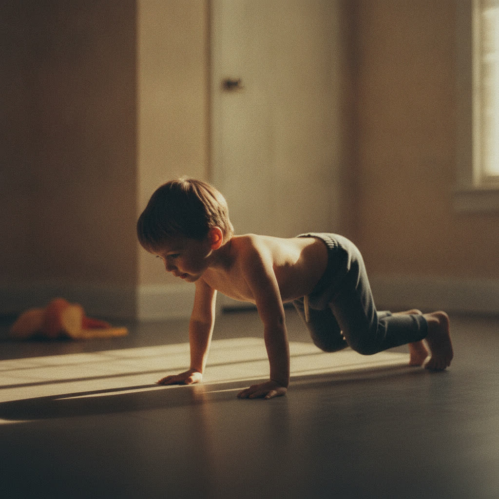 Child in a bear crawl with knees and belly dragging on the floor