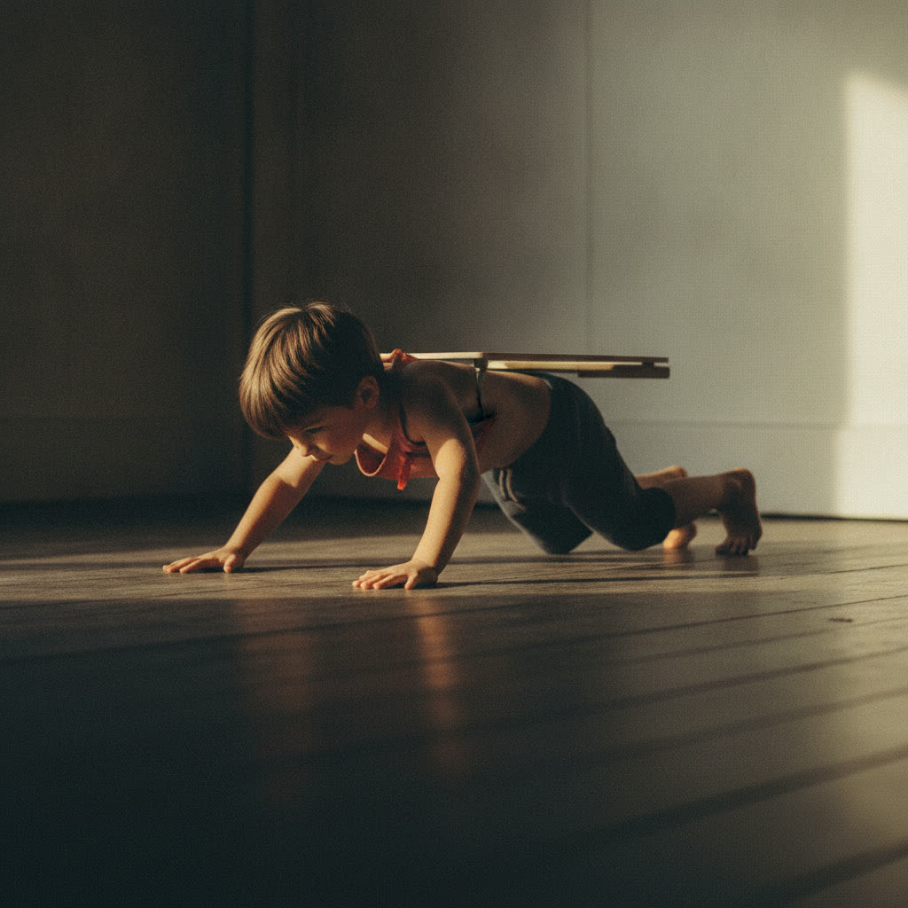 Child in a bear crawl with a flat quiet back
