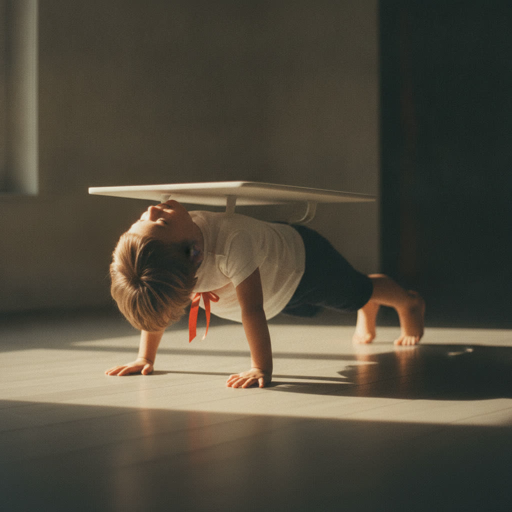 Child in a bear crawl with knees hovering off the floor