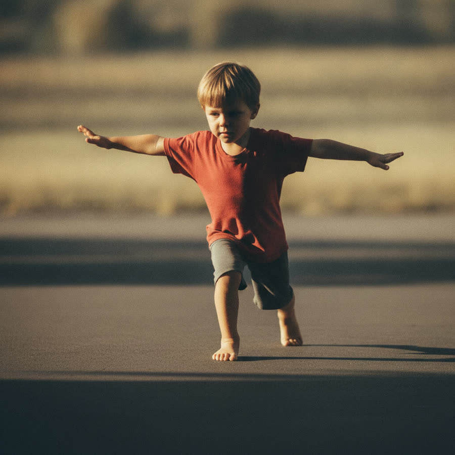 A child sticking a single-leg landing