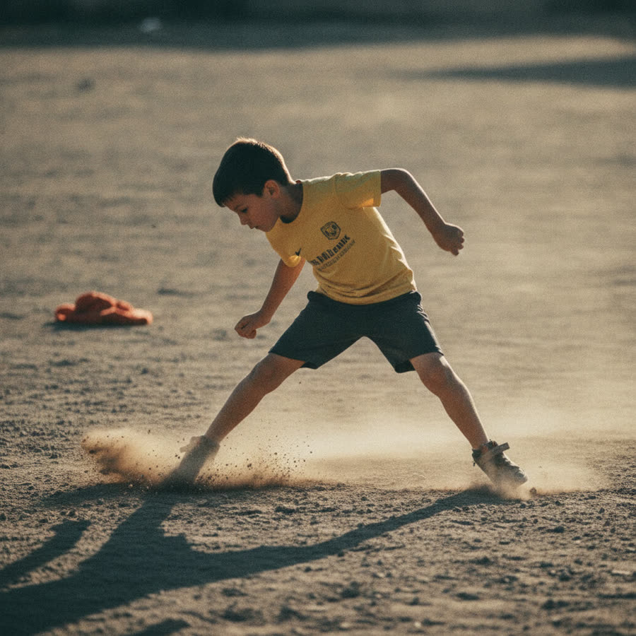 A child making a sharp reactive cut at speed