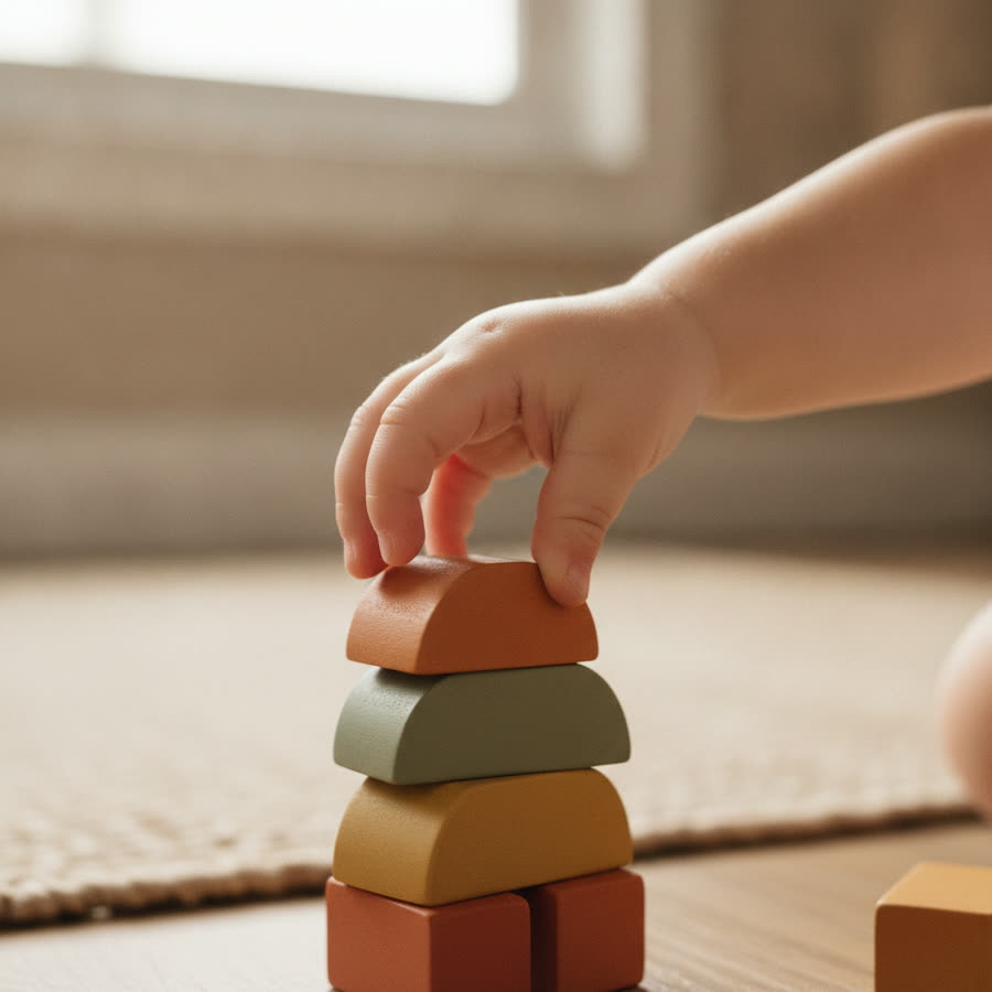 A toddler stacking small blocks with a pincer grasp
