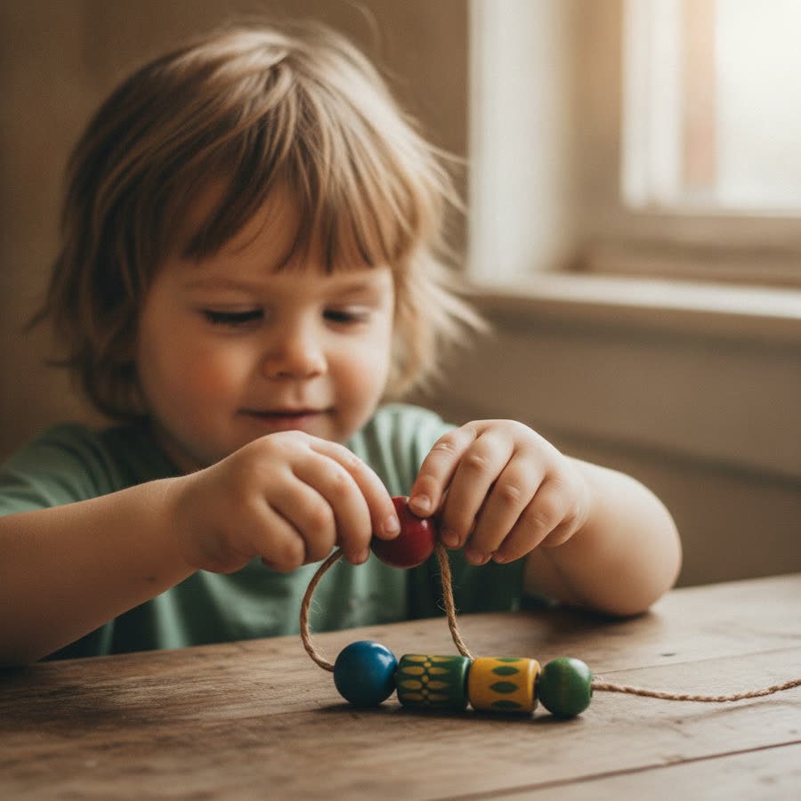 A child threading beads onto a string