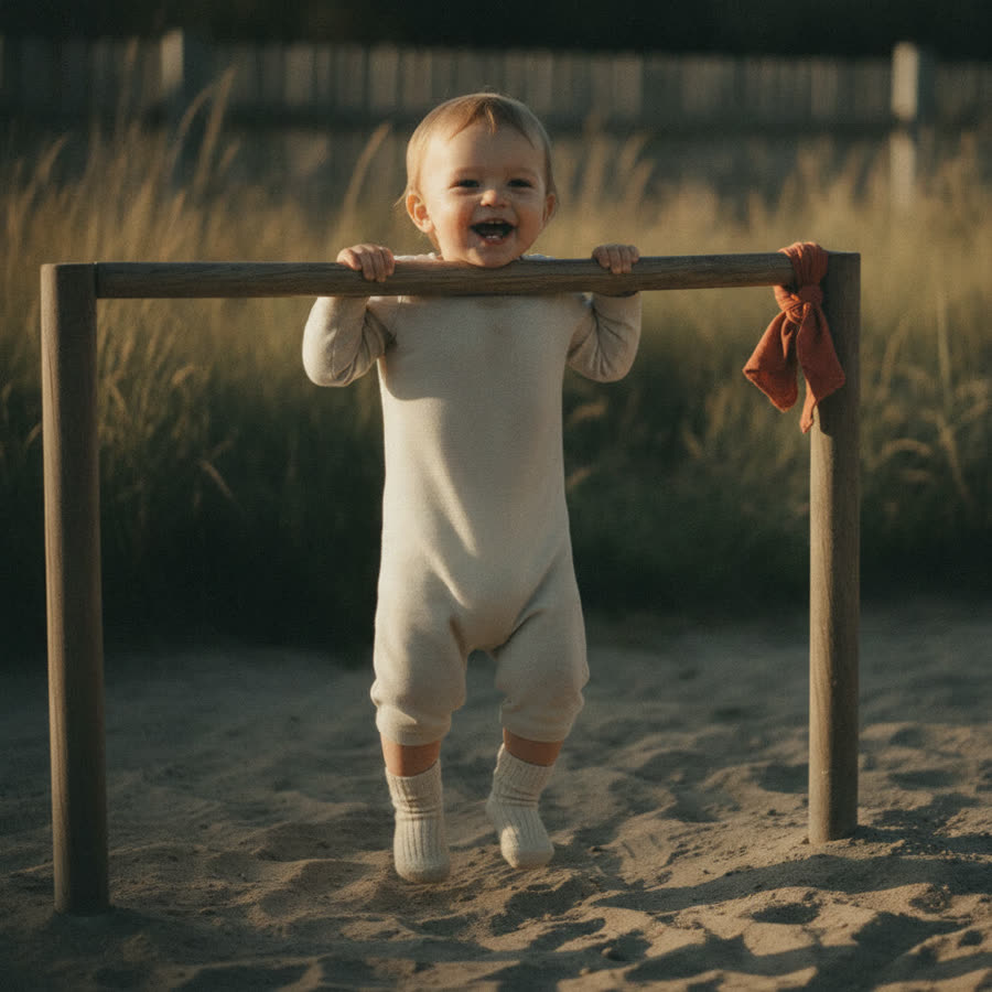 A toddler hanging from a low bar