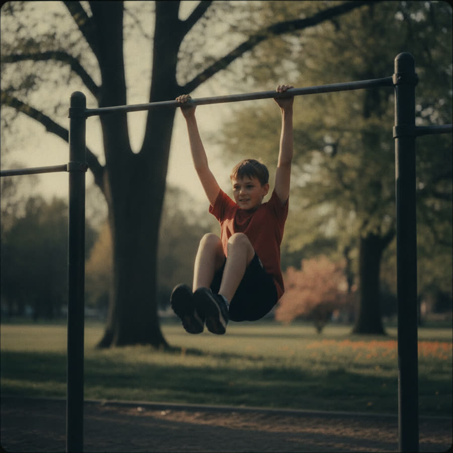 A child traversing monkey bars